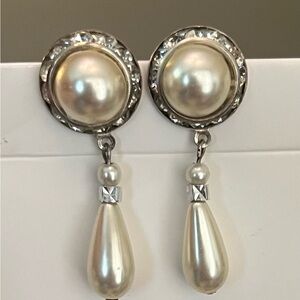 Vintage silver pearl and rhinestones drop earrings